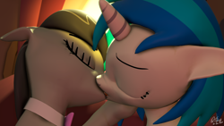 Size: 1920x1080 | Tagged: safe, artist:quicktimepony, dj pon-3, octavia melody, vinyl scratch, earth pony, pony, unicorn, 3d, bowtie, ears, eyes closed, female, kissing, lesbian, mane, salivating, scratchtavia, shipping, signature, sofa, source filmmaker, window