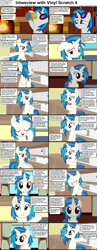 Size: 1282x3304 | Tagged: safe, dj pon-3, vinyl scratch, pony, unicorn, comic:celestia's servant interview, caption, cider, cs captions, drinking, female, floppy ears, implied svengallop, interview, kitchen, looking at you, mare, mug, scrunchy face, solo, sunglasses, tankard