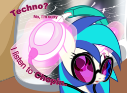 Size: 8984x6568 | Tagged: safe, artist:aaronmk, dj pon-3, vinyl scratch, pony, unicorn, absurd resolution, dialogue, female, frederic chopin, glasses, headphones, magic, mare, solo, telekinesis, window