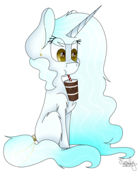 Size: 970x1200 | Tagged: safe, artist:pinkpearlmlp, oc, oc only, oc:marshmallow, pony, unicorn, :t, chest fluff, coffee, cup, cute, drinking, ear piercing, earring, female, fluffy, jewelry, levitation, magic, mare, piercing, shoulder fluff, simple background, sitting, solo, straw, tail wrap, telekinesis, traditional art, white background