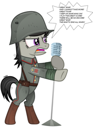 Size: 789x1080 | Tagged: safe, artist:a4r91n, edit, octavia melody, earth pony, pony, bipedal, clothes, female, german, great war (sabaton), hooves, kriegtavia, lyrics, mare, metal, microphone, open mouth, puttees, sabaton, simple background, singing, solo, stahlhelm, text, uniform, white background, world war i