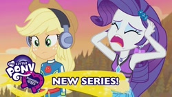 Size: 1280x720 | Tagged: safe, screencap, applejack, rarity, better together, equestria girls, lost and found, armpits, beach, clothes, ear piercing, earring, equestria girls logo, eyes closed, frustrated, geode of super strength, hat, jewelry, marshmelodrama, piercing, rarity being rarity, shorts, youtube thumbnail