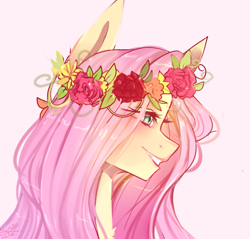 Size: 755x723 | Tagged: safe, artist:emily-826, fluttershy, pegasus, pony, bust, chest fluff, cute, female, floral head wreath, flower, mare, pink background, portrait, profile, shyabetes, simple background, solo
