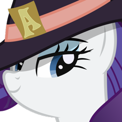Size: 469x469 | Tagged: safe, artist:the smiling pony, derpibooru import, rarity, pony, unicorn, .svg available, derpibooru, derpibooru badge, female, hat, lidded eyes, mare, meta, simple background, smiling, solo, svg, transparent background, vector