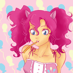 Size: 1024x1024 | Tagged: safe, artist:hana7, pinkie pie, human, clothes, eared humanization, female, humanized, party horn, solo
