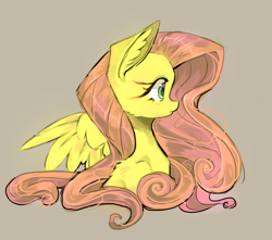Size: 1292x1141 | Tagged: safe, artist:mequiloano, fluttershy, pegasus, pony, back fluff, bust, cute, ear fluff, female, gray background, mare, portrait, profile, shyabetes, simple background, solo, spread wings, wings