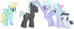 Size: 5773x2284 | Tagged: dead source, safe, artist:catnipfairy, cloudchaser, flitter, helia, rumble, thunderlane, hurricane fluttershy, brushie, brushie brushie, simple background, transparent background, vector