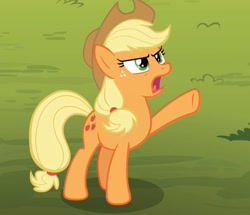 Size: 1628x1403 | Tagged: safe, screencap, applejack, earth pony, pony, non-compete clause, angry, cropped, open mouth, raised hoof, solo