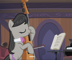 Size: 1139x941 | Tagged: safe, screencap, octavia melody, earth pony, pony, slice of life (episode), bipedal, cello, cropped, eyes closed, musical instrument, playing instrument, smiling, solo