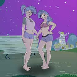 Size: 900x900 | Tagged: safe, artist:kevinsano edits, artist:muh-arts, edit, air way, allie way, human, armpits, barefoot, braces, colored, feet, holding hands, humanized, sisters