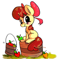 Size: 800x800 | Tagged: safe, artist:clockworkquartet, apple bloom, apple, basket, blushing, heart eyes, solo, wingding eyes