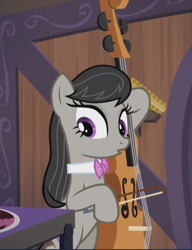 Size: 723x940 | Tagged: safe, screencap, octavia melody, earth pony, pony, slice of life (episode), bipedal, cello, cropped, looking at something, musical instrument, reaction image, solo