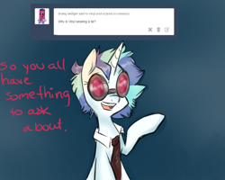 Size: 1280x1024 | Tagged: safe, artist:rflzqt, dj pon-3, vinyl scratch, pony, unicorn, ask, dialogue, female, glasses, mare, necktie, open mouth, raised hoof, solo, tumblr, vinyl and octavia in romance