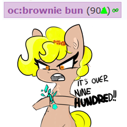 Size: 1080x1080 | Tagged: safe, artist:tjpones, edit, oc, oc:brownie bun, /mlp/, anime, chest fluff, colored, crossover, derpibooru, dragon ball, dragon ball z, ear fluff, english, eyelashes, female, mare, meme, meta, over 9000, simple background, solo, super saiyan, tags, text, white background, wingding eyes