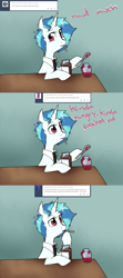 Size: 1280x2880 | Tagged: safe, artist:rflzqt, dj pon-3, vinyl scratch, pony, unicorn, ask, dialogue, female, looking at you, mare, necktie, solo, spoon, table, tumblr, vinyl and octavia in romance