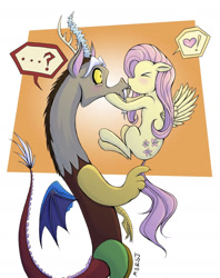 Size: 1242x1570 | Tagged: safe, artist:thesweetandthestrange, discord, fluttershy, pegasus, pony, blushing, couple, discoshy, female, kissing, male, shipping, straight, unexpected