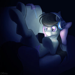 Size: 2000x2000 | Tagged: safe, artist:ohemo, octavia melody, earth pony, pony, atg 2019, cellphone, dark, eye clipping through hair, female, headphones, ipod, listening, mare, music, newbie artist training grounds, on back, phone, sofa