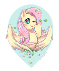 Size: 1000x1200 | Tagged: safe, artist:roya, fluttershy, pegasus, pony, blushing, bust, cute, digital art, female, flower, flower in hair, mare, one eye closed, open mouth, portrait, shyabetes, smiling, solo, spread wings, wings