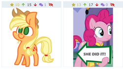 Size: 1334x750 | Tagged: safe, derpibooru import, applejack, pinkie pie, earth pony, pony, spice up your life, arrow, chibi, chubby, clothes, cowboy hat, derpibooru, female, freckles, hat, holding a sign, juxtaposition, looking at something, meme, meta, sign, simple background, straw in mouth, text, wat, white background