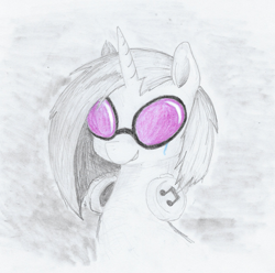 Size: 1067x1057 | Tagged: safe, artist:t72b, derpibooru exclusive, dj pon-3, vinyl scratch, pony, unicorn, bust, glasses, grin, partial color, portrait, sad, smiling, solo, teary eyes, traditional art