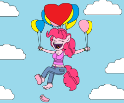 Size: 1672x1396 | Tagged: safe, artist:logan jones, pinkie pie, anthro, balloon, barefoot, breasts, clothes, cloud, cute, eyes closed, feet, female, flip-flops, floating, happy, jeans, one shoe off, open mouth, pants, pinkie pies, sandals, sky, soles, solo, tanktop, then watch her balloons lift her up to the sky, toes