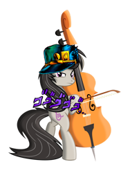 Size: 526x700 | Tagged: artist needed, safe, edit, octavia melody, earth pony, pony, caption, cello, image macro, jojo's bizarre adventure, jotaro kujo, looking at you, menacing, messy mane, musical instrument, photoshop, simple background, solo, text, ゴ ゴ ゴ