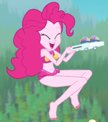 Size: 765x865 | Tagged: safe, edit, edited screencap, editor:logan jones, screencap, pinkie pie, better together, equestria girls, too hot to handle, adorasexy, barefoot, belly, belly button, clothes, cropped, cute, eyes closed, feet, happy, midriff, nail polish, open mouth, sexy, shaved ice, skirt, solo, swimsuit, swimsuit edit, toes