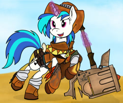 Size: 1899x1580 | Tagged: safe, artist:xphil1998, dj pon-3, vinyl scratch, pony, unicorn, armor, crossover, desert, hammer, monster hunter, solo, weapon