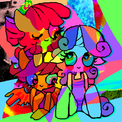 Size: 400x400 | Tagged: safe, artist:njeekyo, apple bloom, scootaloo, sweetie belle, anthro, ambiguous facial structure, cutie mark crusaders, psychedelic