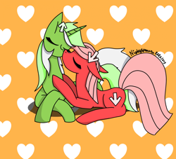 Size: 1988x1803 | Tagged: safe, artist:nightmarerara, oc, oc:downvote, oc:upvote, earth pony, unicorn, cute, derpibooru, derpibooru ponified, heart, incest, lying down, meta, ponified, simple background