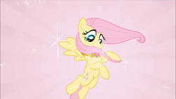 Size: 1668x938 | Tagged: safe, screencap, fluttershy, pegasus, pony, friendship is magic, element of kindness, female, flying, jewelry, mare, necklace, pink background, simple background, smiling, solo, spread wings, wings