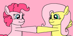 Size: 889x444 | Tagged: safe, artist:logan jones, fluttershy, pinkie pie, earth pony, pegasus, pony, best friends, cute, happy, hoofbump, ms paint, not lesbian, pink background, simple background, smiling