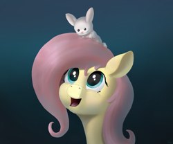 Size: 2388x1985 | Tagged: safe, artist:coldmix, angel bunny, fluttershy, pegasus, pony, rabbit, bust, cute, dark, duo, female, gradient background, happy, looking up, mare, open mouth, shyabetes, sitting on head, smiling, stray strand, three quarter view