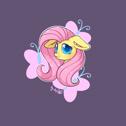 Size: 2300x2300 | Tagged: safe, artist:dsp2003, part of a set, fluttershy, pegasus, pony, 2018, blushing, bust, cute, cutie mark background, ear fluff, female, floppy ears, looking at you, mare, purple background, shyabetes, signature, simple background, white outline