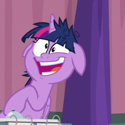 Size: 831x831 | Tagged: safe, screencap, twilight sparkle, twilight sparkle (alicorn), alicorn, pony, a trivial pursuit, bell, crazy face, cropped, derpibooru, faic, floppy ears, juxtaposition, messy mane, meta, solo, twilight snapple