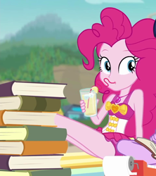 Size: 960x1080 | Tagged: safe, screencap, pinkie pie, sci-twi, twilight sparkle, better together, equestria girls, friendship math, book, clothes, cropped, derpibooru, geode of sugar bombs, juice, juxtaposition, lemonade, magical geodes, meta, swimsuit