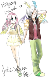 Size: 3000x4478 | Tagged: safe, artist:solanapple, discord, fluttershy, human, clothes, cute, discoshy, discute, dress, eye clipping through hair, female, heart, high res, holding hands, horned humanization, humanized, male, shipping, shyabetes, sleeveless, straight, tsundere, winged humanization, wings