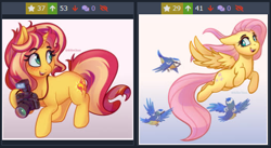 Size: 506x278 | Tagged: safe, artist:katakiuchi4u, derpibooru exclusive, derpibooru import, fluttershy, sunset shimmer, bird, pegasus, pony, unicorn, bluebird, camera, derpibooru, female, floppy ears, flying, freckles, gradient background, holding, juxtaposition, juxtaposition win, looking back, mare, meme, meta, open mouth, raised hoof, smiling, solo, spread wings, wings