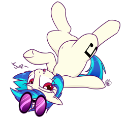 Size: 1400x1300 | Tagged: safe, alternate version, artist:notenoughapples, dj pon-3, vinyl scratch, pony, unicorn, alternate eye color, belly button, female, floppy ears, looking at you, mare, simple background, smiling, solo, sunglasses, transparent background, underhoof, wrong eye color