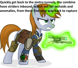 Size: 4409x3882 | Tagged: artist needed, source needed, safe, edit, oc, oc only, oc:littlepip, pony, unicorn, fallout equestria, absurd resolution, bioshock, clothes, combine, fanfic, fanfic art, female, glowing horn, grammar error, gun, half-life, half-life 2, handgun, horn, little macintosh, magic, mare, metro 2033, pipbuck, ready for action, revolver, s.t.a.l.k.e.r., scope, scoped revolver, serious, serious face, sexy, simple background, solo, text, vault suit, weapon, white background, x-com, xcom 2