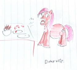 Size: 2452x2240 | Tagged: safe, artist:horsesplease, oc, oc only, oc:downvote, pony, burp, derp, derpibooru, derpibooru ponified, downvote's downvotes, downvotes are upvotes, fat, lined paper, meta, ponified, solo, traditional art