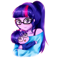 Size: 1000x1025 | Tagged: safe, artist:electricshine, sci-twi, twilight sparkle, oc, oc:brilliant light, pony, equestria girls, alicornified, bust, clothes, duality, female, glasses, horned humanization, hug, open mouth, ponytail, race swap, scitwilicorn, self adoption, self paradox, simple background, smiling, white background, winged humanization, wings, younger