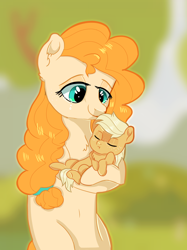 Size: 1122x1500 | Tagged: safe, artist:chroniqlo, applejack, pear butter, earth pony, pony, baby, babyjack, crying, cute, eyes closed, female, foal, freckles, happy, jackabetes, mother and child, mother and daughter, parent and child, pearabetes, ponytail, tears of joy, younger