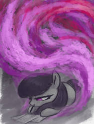 Size: 1133x1500 | Tagged: safe, artist:t72b, derpibooru exclusive, octavia melody, earth pony, pony, abstract, abstract background, atg 2019, limited palette, lying down, mouth hold, newbie artist training grounds, solo, writing