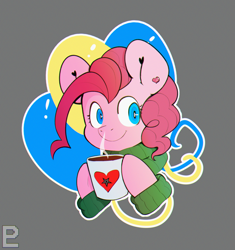 Size: 2148x2285 | Tagged: safe, artist:pixeloosh, pinkie pie, earth pony, pony, balloon, clothes, coffee, coffee mug, cutie mark background, ear piercing, exclamation point, heart, mug, piercing, smiling, solo, sweater