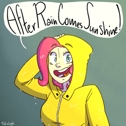 Size: 1000x1000 | Tagged: safe, artist:tralalayla, pinkie pie, human, cute, dialogue, diapinkes, humanized, open mouth, positive message, raincoat, solo, wet