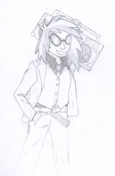 Size: 792x1209 | Tagged: safe, artist:jesterofdestiny, dj pon-3, vinyl scratch, human, belt, black and white, boombox, clothes, dress shirt, ghetto blaster, glasses, grayscale, hand in pocket, humanized, monochrome, necktie, open suit, suit, three piece suit, traditional art, vest, waistcoat