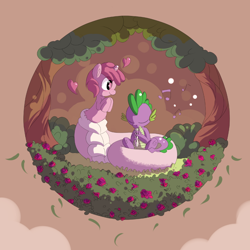 Size: 970x970 | Tagged: safe, artist:haute-claire, ruby pinch, spike, dragon, lamia, original species, unicorn, female, flower, flute, male, musical instrument, naga pinch, species swap