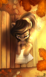 Size: 1500x2500 | Tagged: safe, artist:jedayskayvoker, octavia melody, earth pony, pony, autumn, bench, female, leaves, mare, mouth hold, overhead view, paper, patreon, patreon logo, pencil, prone, solo