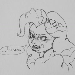 Size: 1305x1305 | Tagged: safe, artist:fuzzyfurvert, pinkie pie, human, equestria girls, bare shoulder portrait, bare shoulders, beans, blushing, bust, dialogue, food, hairpin, implied nudity, looking at you, monochrome, portrait, sketch, solo, sweat, traditional art